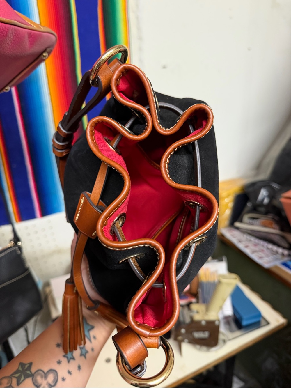 Dooney & Bourke Small Black Suede Bucket Bag with Tan Leather Trim - Picture 10 of 15